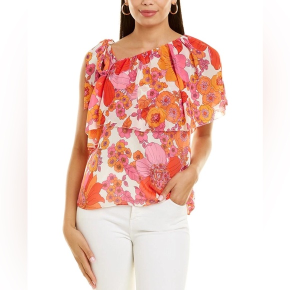 Trina Turk Tops - Trina Turk Pink Orange Floral One-Shoulder Ruffle Top